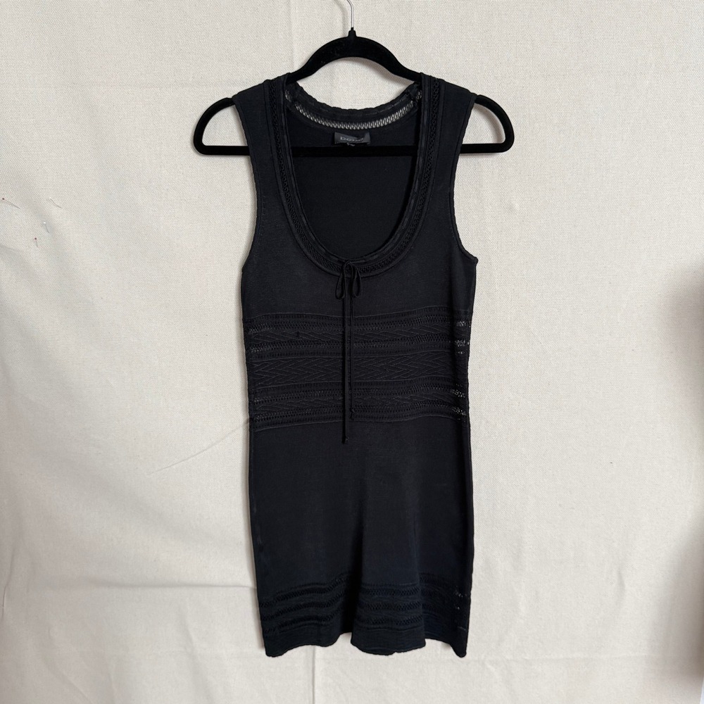 Bebe Black Crochet Knit Bodycon Sleeveless Tie Neck Mini Dress Womens